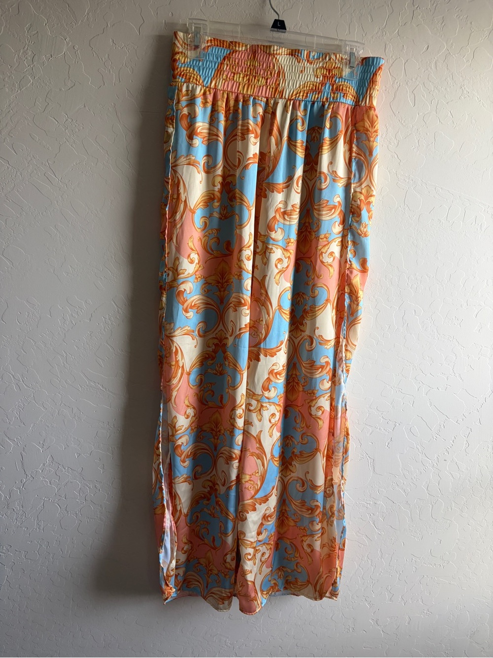 Smocked Waist Swimsuit Coverup Maxi in Pastel Blue, Peach & Cream